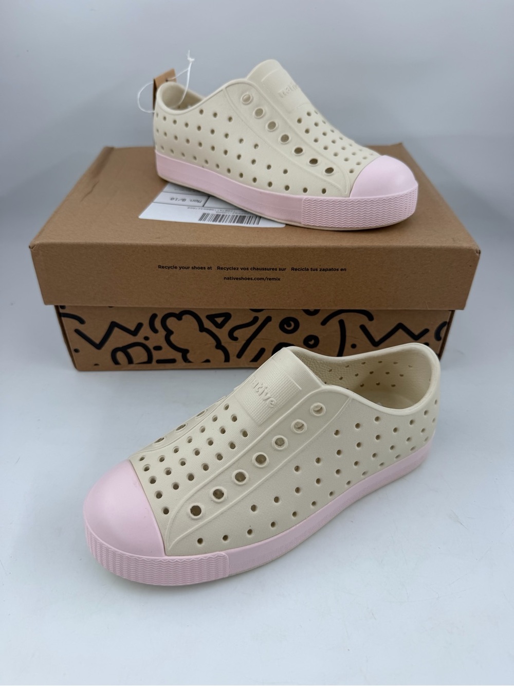 Native Kids Jefferson Slip-On -SZ 1Y-Lightweight Sneakers Bone White Balos Pink